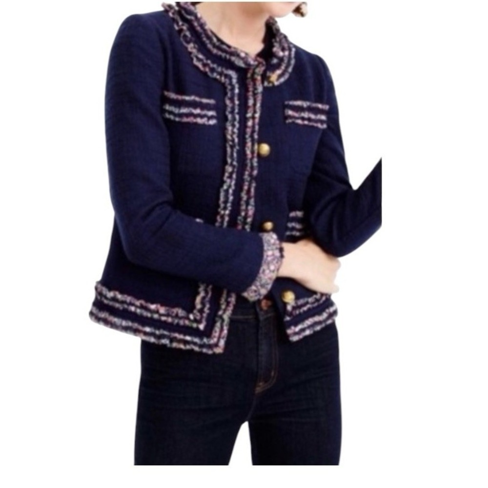 J Crew Lady Jacket Tweed Liberty Trim Gold Button Blazer Womens Size 4 Navy